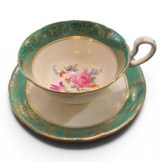 Aynsley Bone China Tea Cup - Gilded Gold & Green w/ Flowers