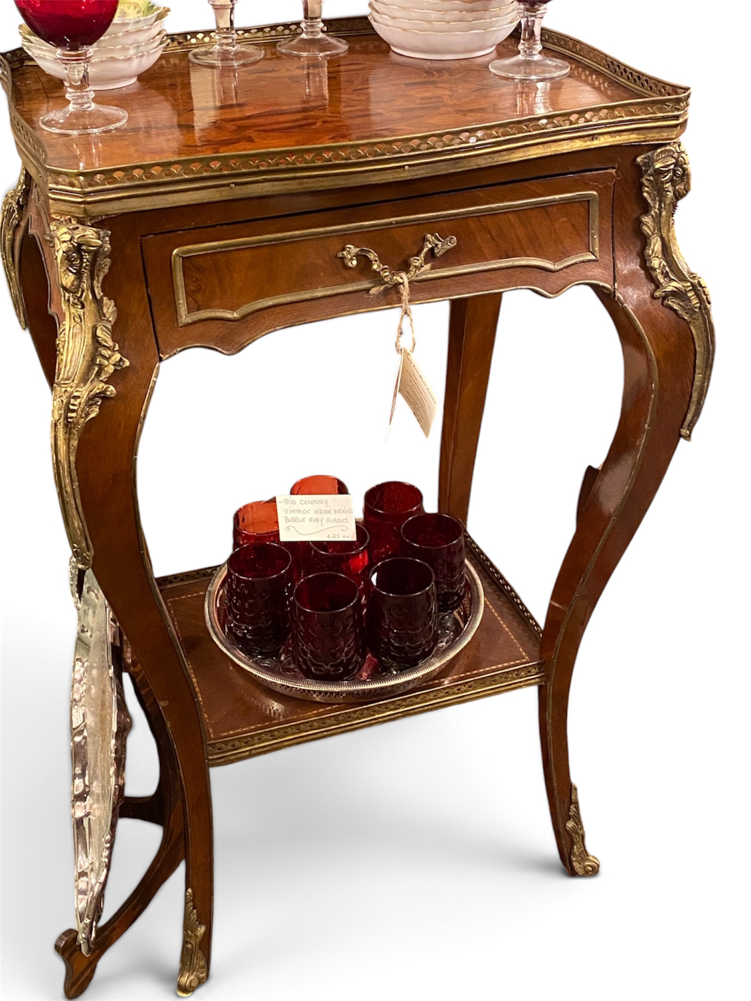 French Kingwood Parquetry Side Table with Pierced Brass Gallery and Ormolu Mounts