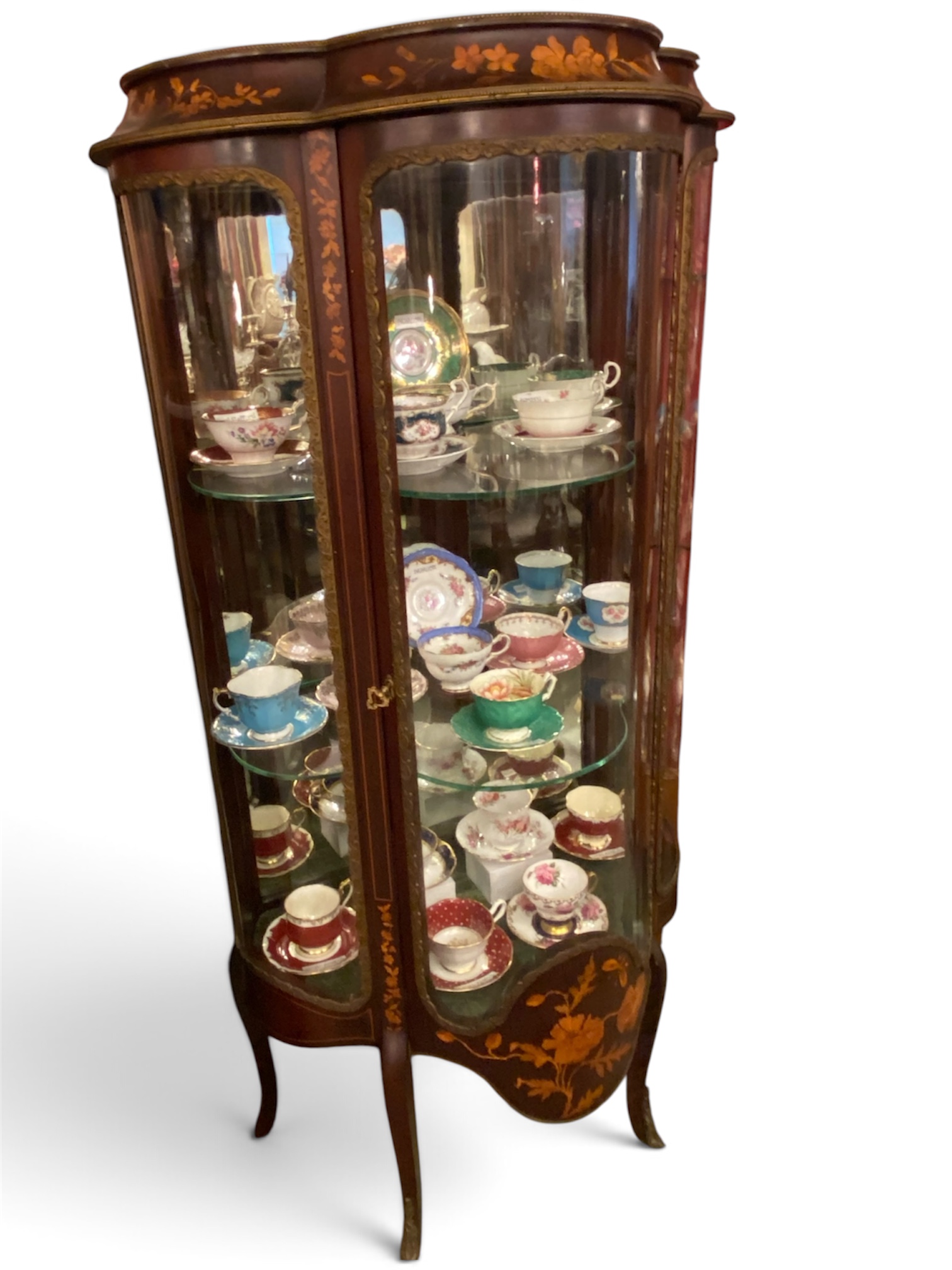 Louis XV Mahogany Marquetry Bombé Vitrine Cabinet