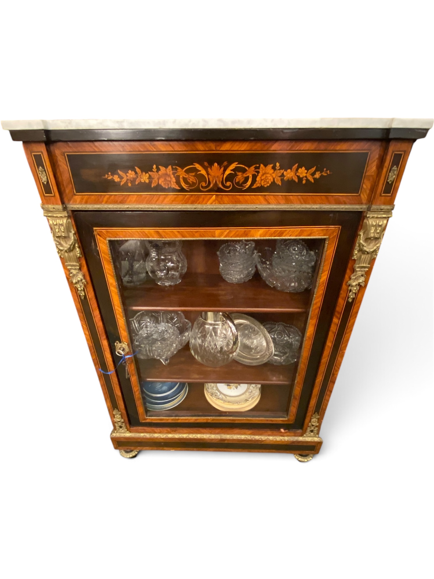 French Marquetry and Ebonized Pier Cabinet with Marble Top