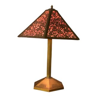 Arts & Crafts Bronze and Slag Glass Table Lamp with Pyramidal Shade