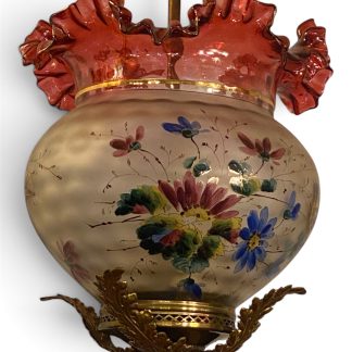 Antique Hand-Painted Cranberry Glass Hanging Hall Lantern