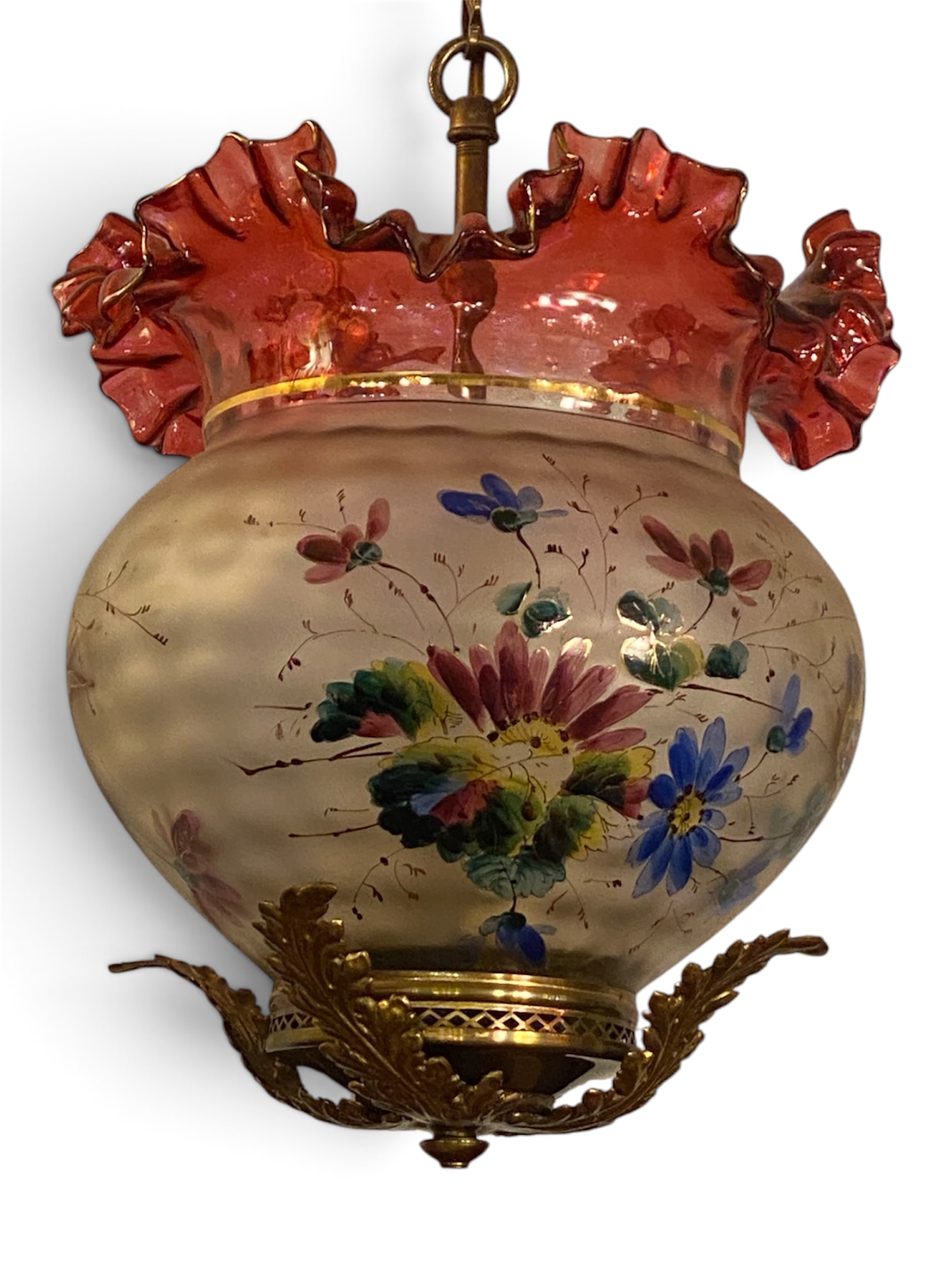 Antique Hand-Painted Cranberry Glass Hanging Hall Lantern