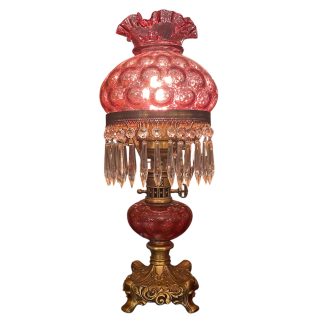 Cranberry Hobnail Glass Oil Lamp with Crystal Prisms and Ornate Brass Base