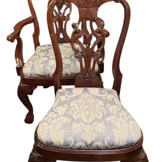 Antique Solid Mahogany Hand-Carved Chippendale-Style Dining Chair Set — Set of 10 (2 Arm, 8 Side), Mint Condition