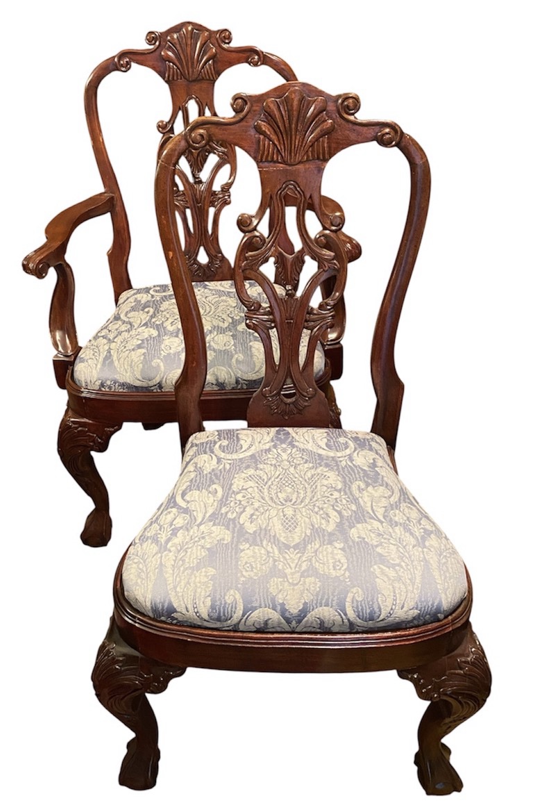 Antique Solid Mahogany Hand-Carved Chippendale-Style Dining Chair Set — Set of 10 (2 Arm, 8 Side), Mint Condition