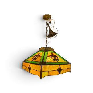 Arts & Crafts / Mission-Style Slag Glass Hanging Lamp with Fleur-de-Lis Motifs