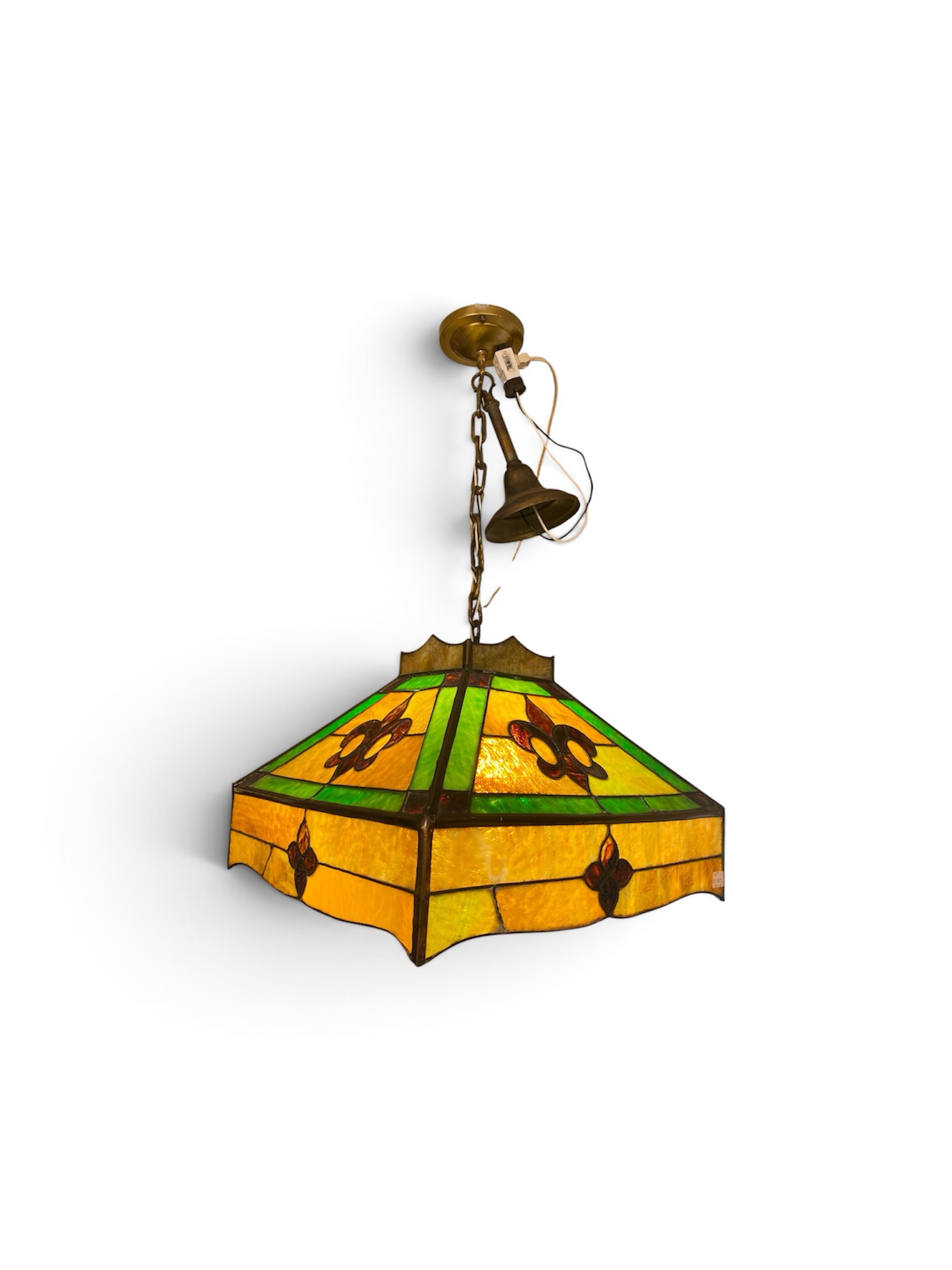 Arts & Crafts / Mission-Style Slag Glass Hanging Lamp with Fleur-de-Lis Motifs