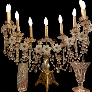 PAIR of Antique French Louis XVI Bronze and Crystal Girandole Candelabra