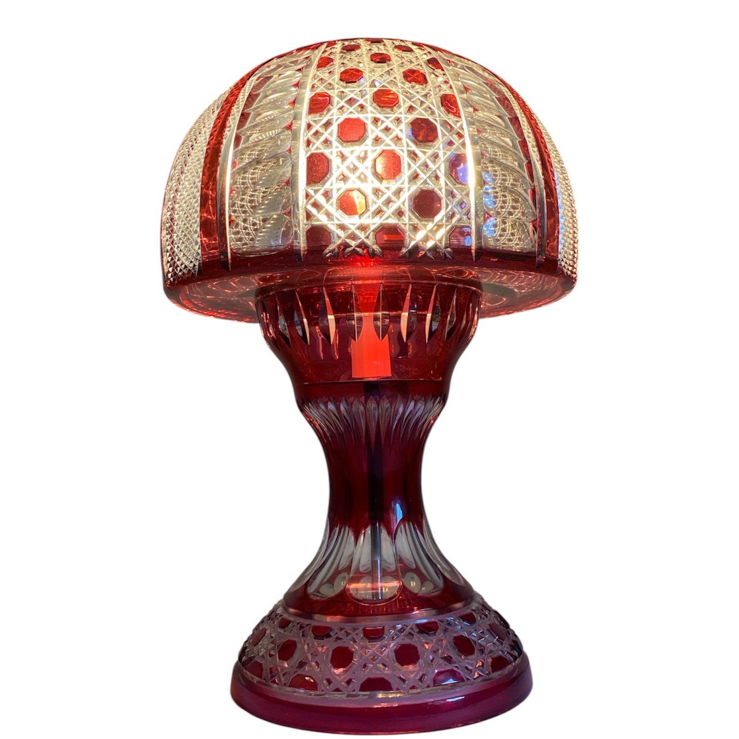 Antique Bohemian ruby red overlay cut crystal table lamp