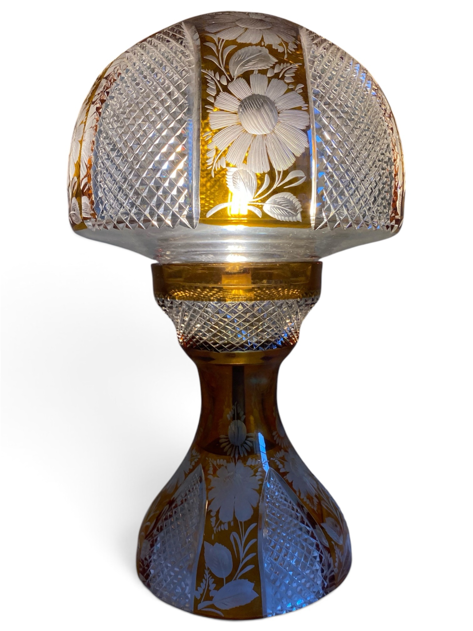 Antique Bohemian amber overlay cut crystal table lamp