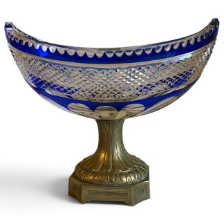Cobalt blue overlay cut crystal Centerpiece with a bronze pedestal base