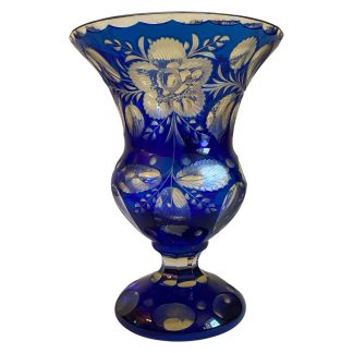 A Bohemian cut-to-clear cobalt blue glass vase