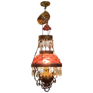 Exceptional Antique B&H hanging library lamp with hobnail shade and crystal prisms
