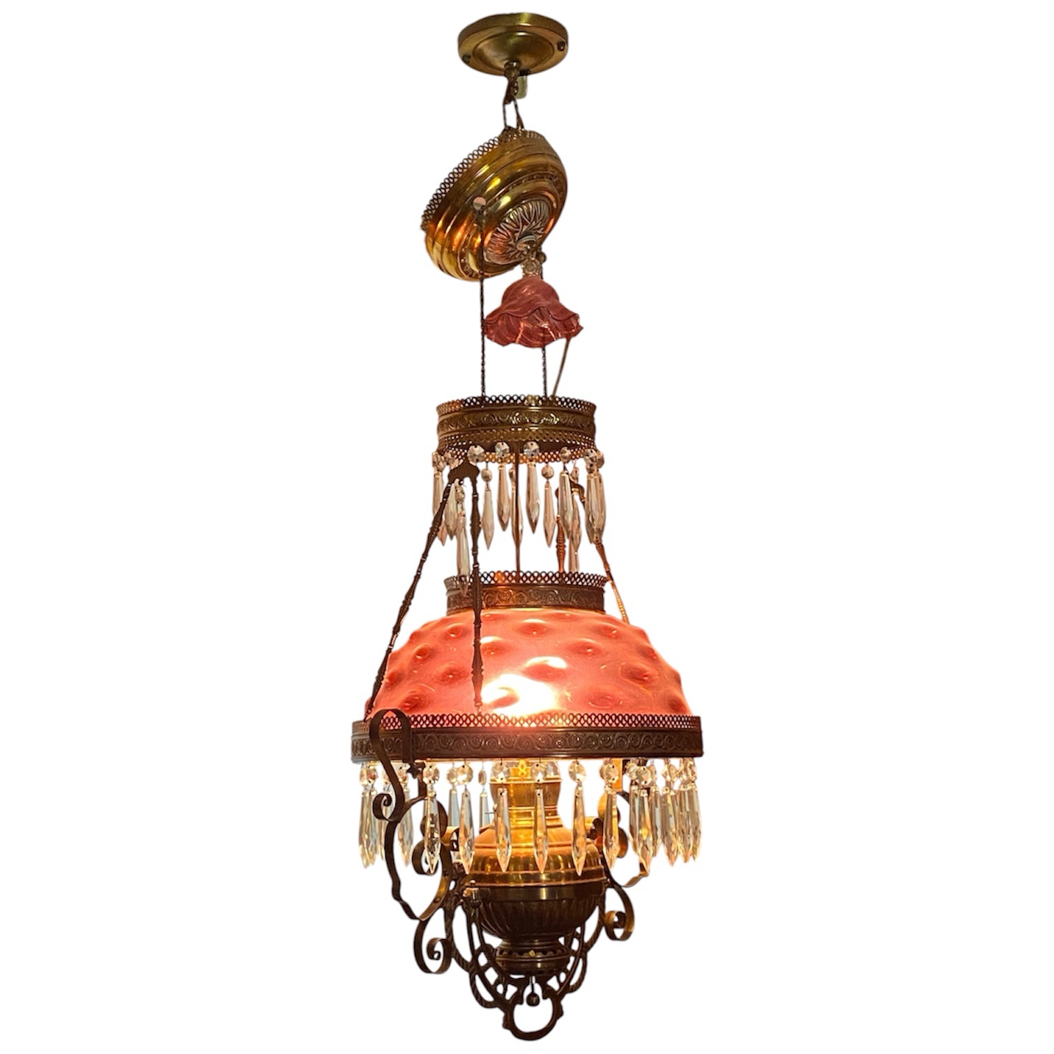 Exceptional Antique B&H hanging library lamp with hobnail shade and crystal prisms